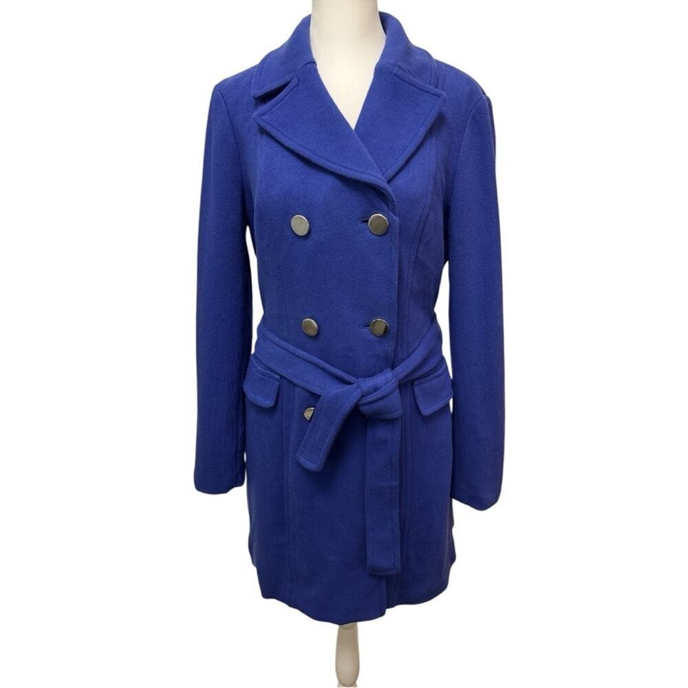 INC coat double breasted women size M 100% cotton beautiful blue waist tie